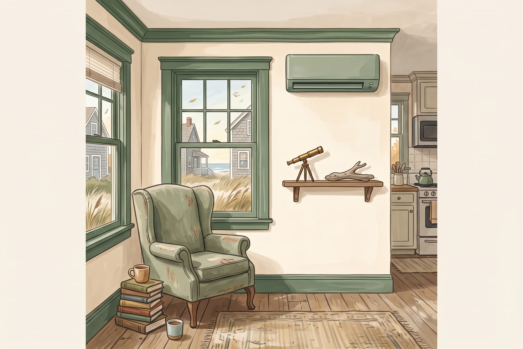 Illustration of a Rhode Island cottage reading room with a wall-mounted heat pump.
