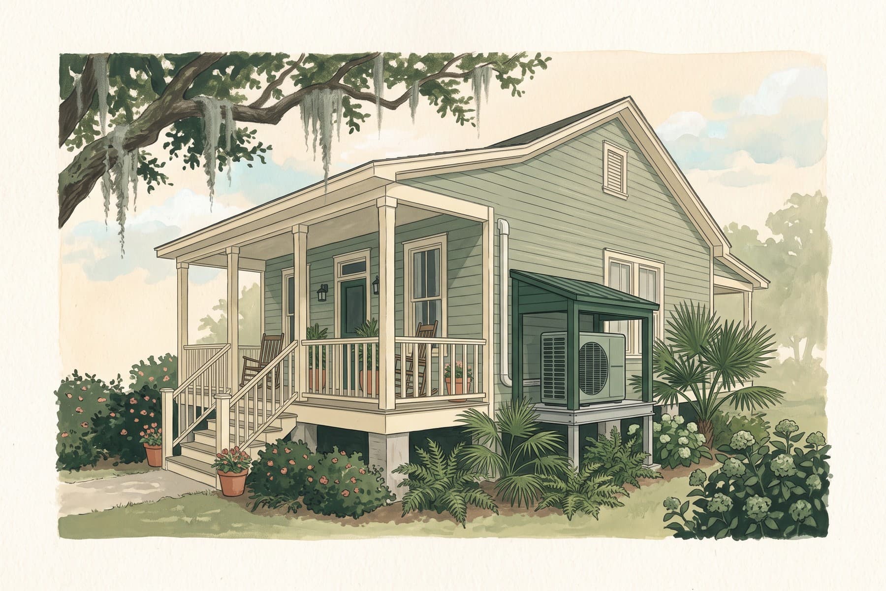 Illustration of an elevated heat pump beside a raised Louisiana cottage with a shaded porch and leafy yard.