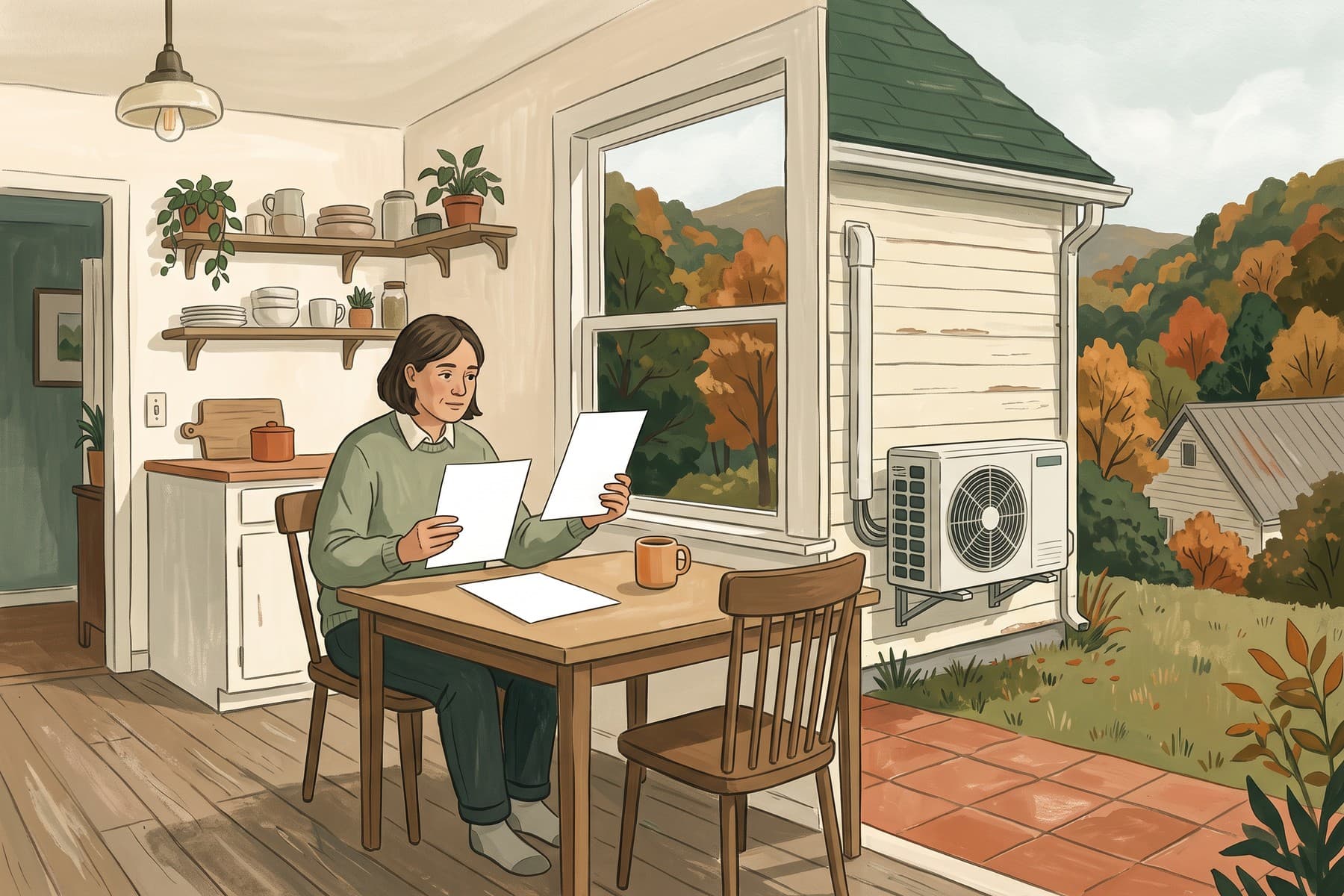 Illustration of a West Virginia homeowner comparing heating proposals at a kitchen table, with an outdoor heat pump and wooded hills in an architectural cutaway.