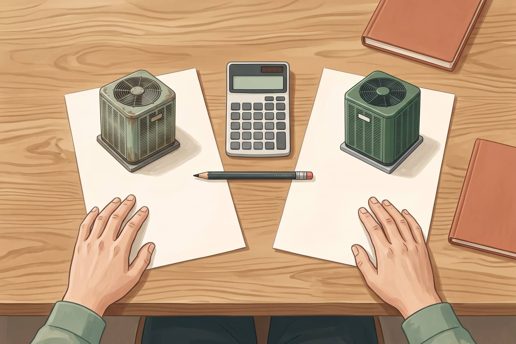 Overhead illustration of a homeowner comparing repair and replacement proposals with a calculator and HVAC models.