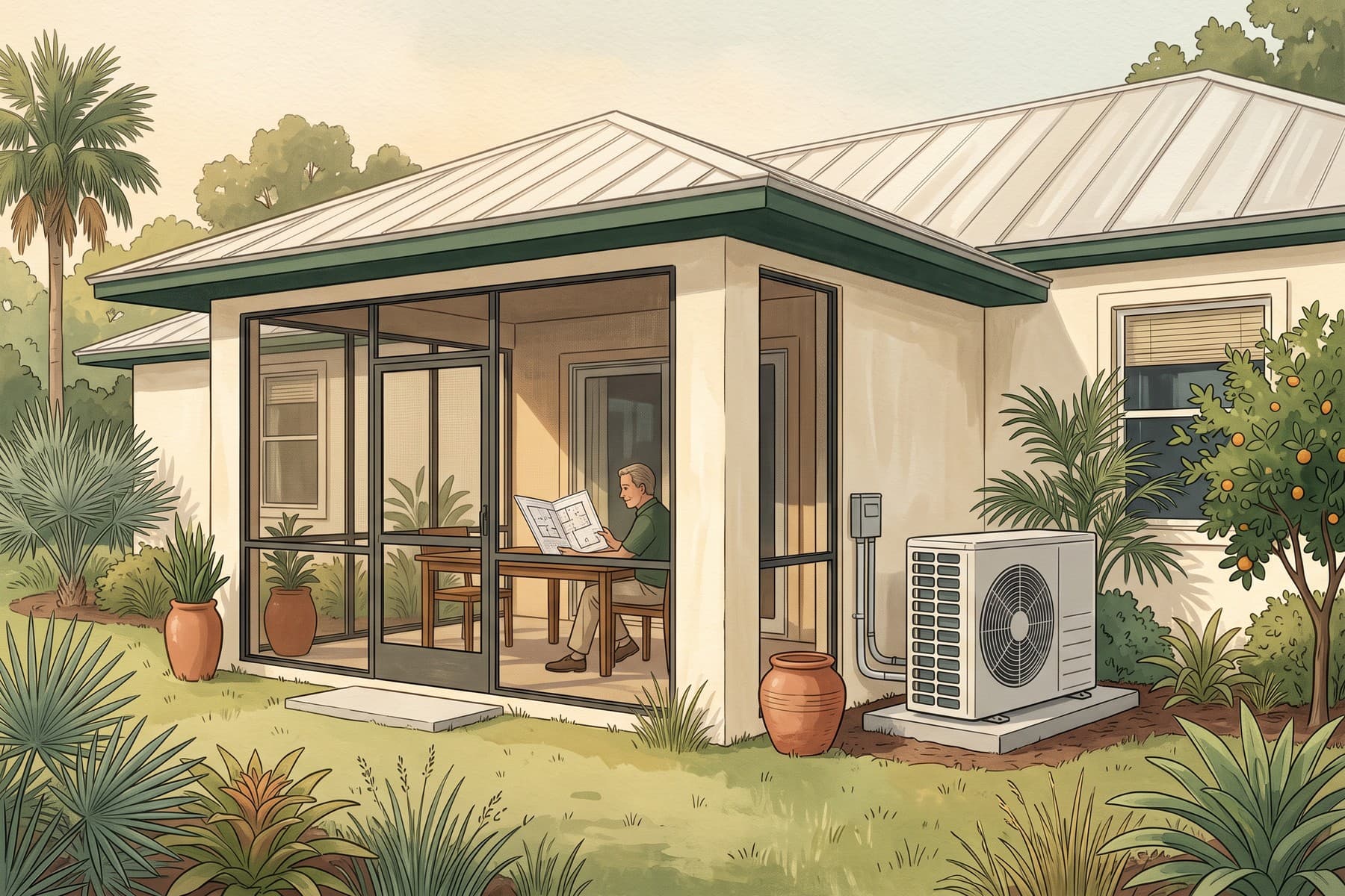 Illustration of a shaded Florida home with a heat pump and a homeowner reviewing a comfort plan.