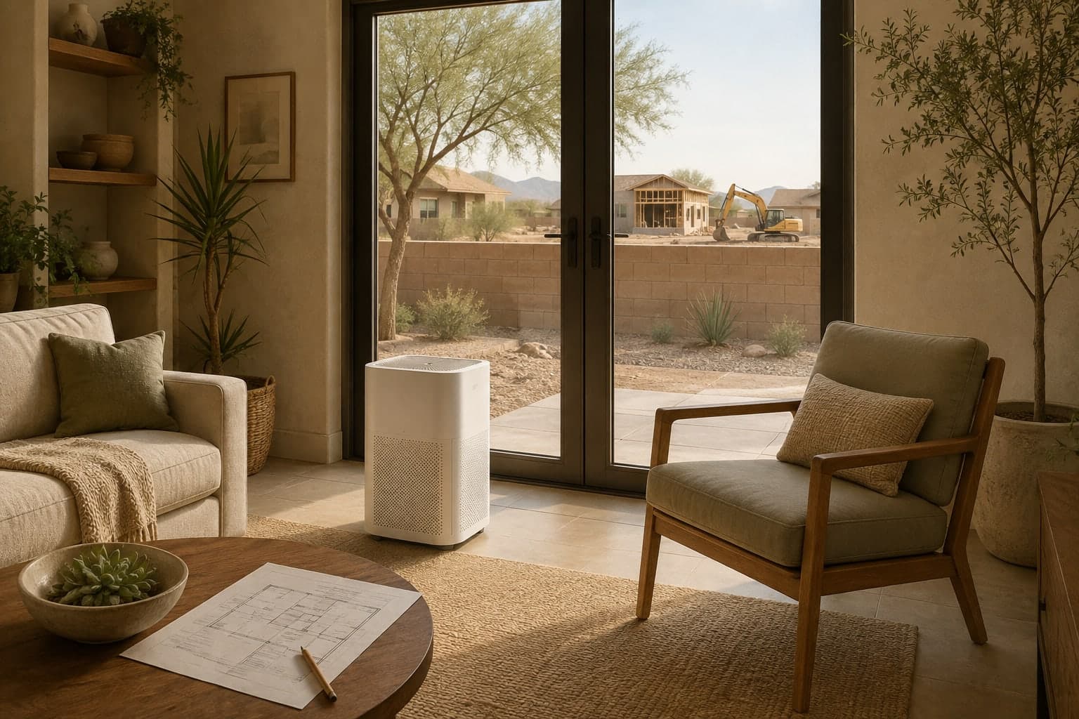 Illustration of a Pinal County living room with a portable purifier, closed patio doors, and a distant construction site.