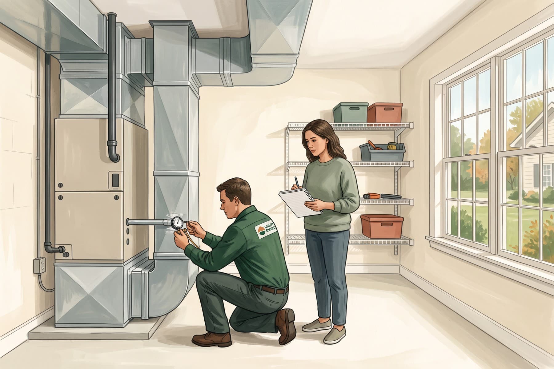 Illustration of a technician checks heating equipment while a homeowner records notes in a Kentucky utility room.