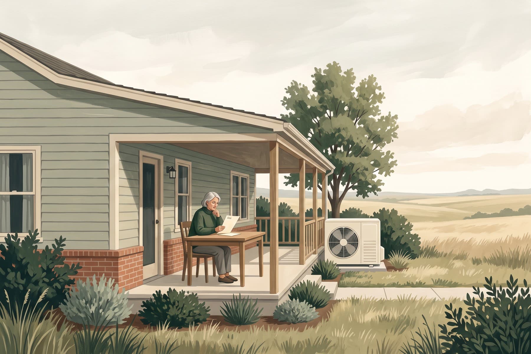 Illustration of a Nebraska homeowner reviewing a utility bill on a shaded porch, with a heat pump and open fields beyond.