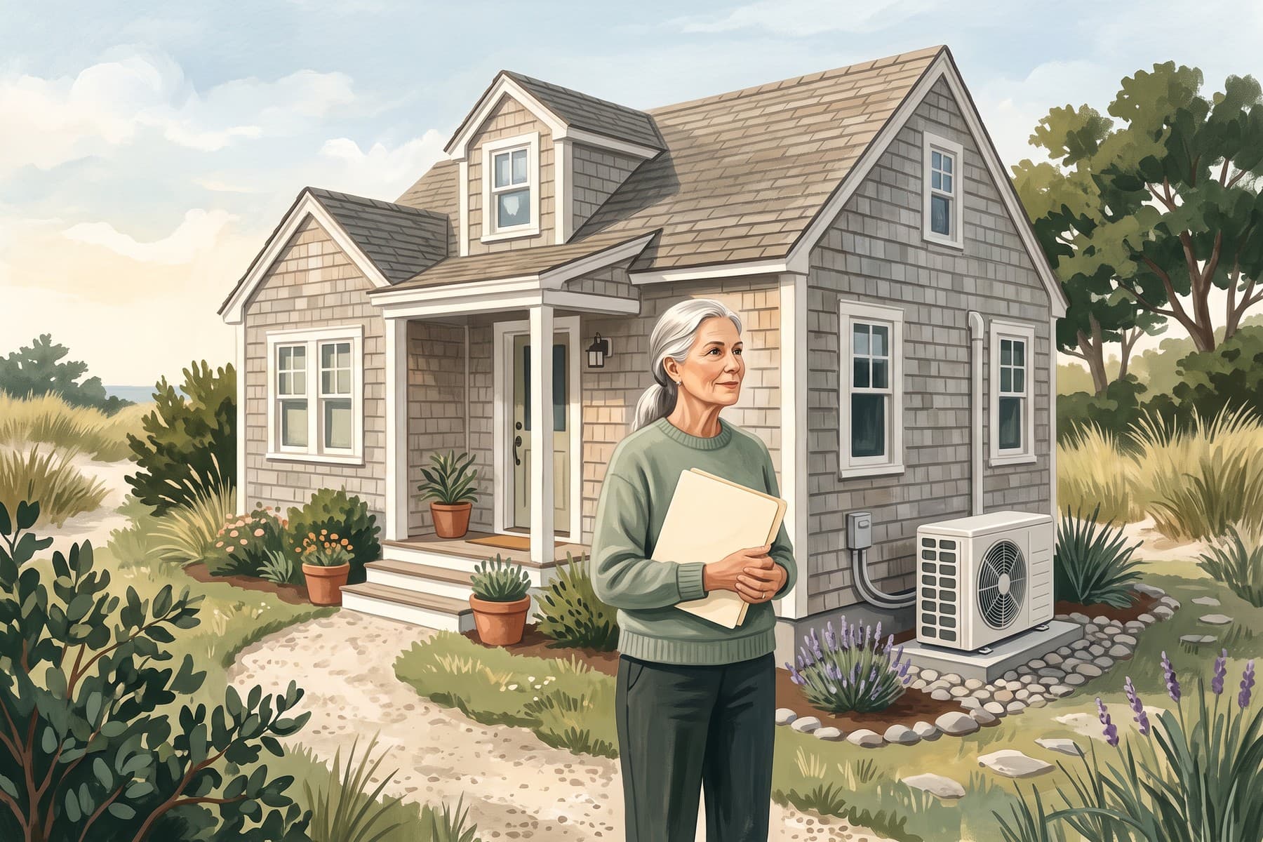 Illustration of a homeowner holds a project folder beside a shingled Delaware home and outdoor heat pump near dune grasses.