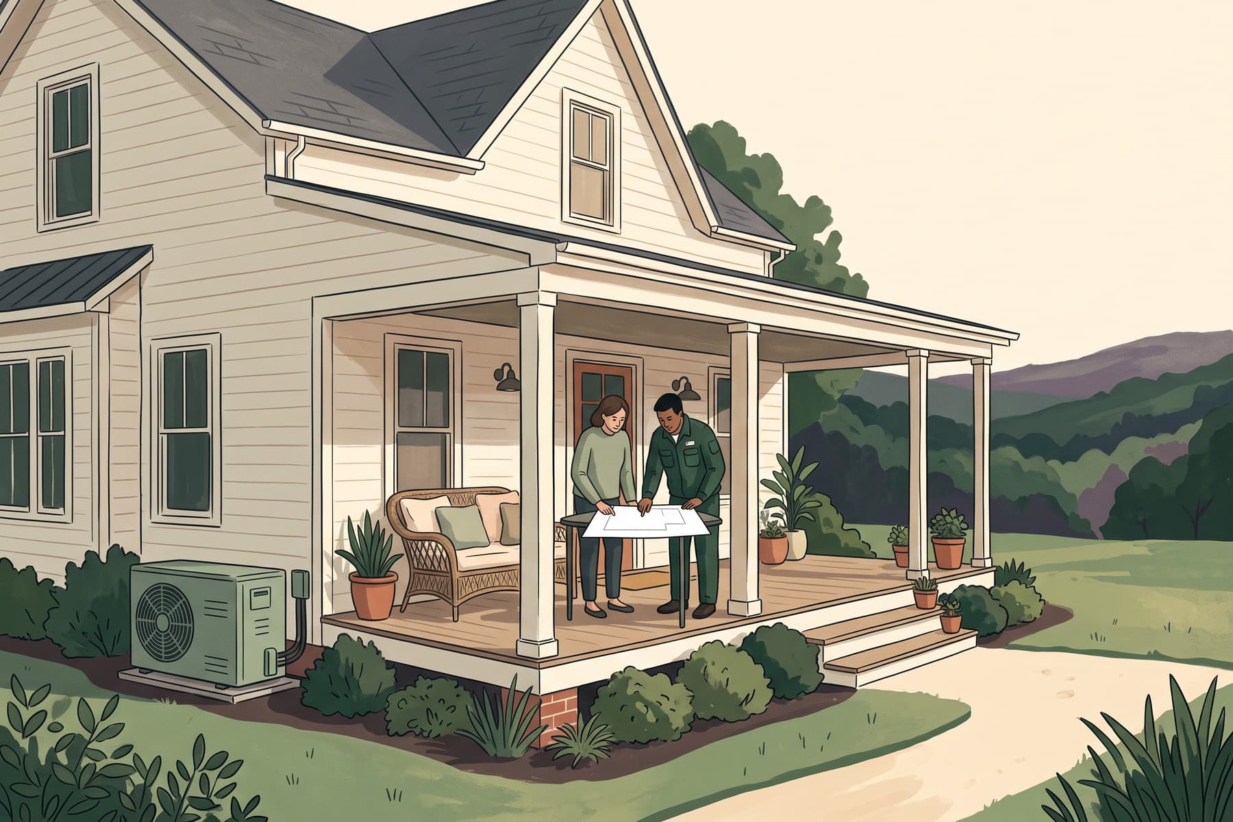 Illustration of a Virginia homeowner and installer reviewing a floor plan on a porch, with a heat pump and wooded hills nearby.