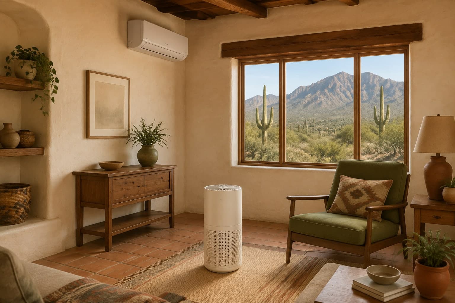 Illustration of a Tucson-area home with a room air purifier, a wall-mounted cooling unit, and desert mountains beyond a closed window.