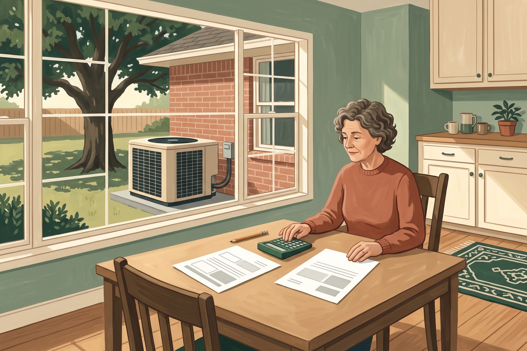 Illustration of a Texas homeowner comparing HVAC proposals at a table beside a window.