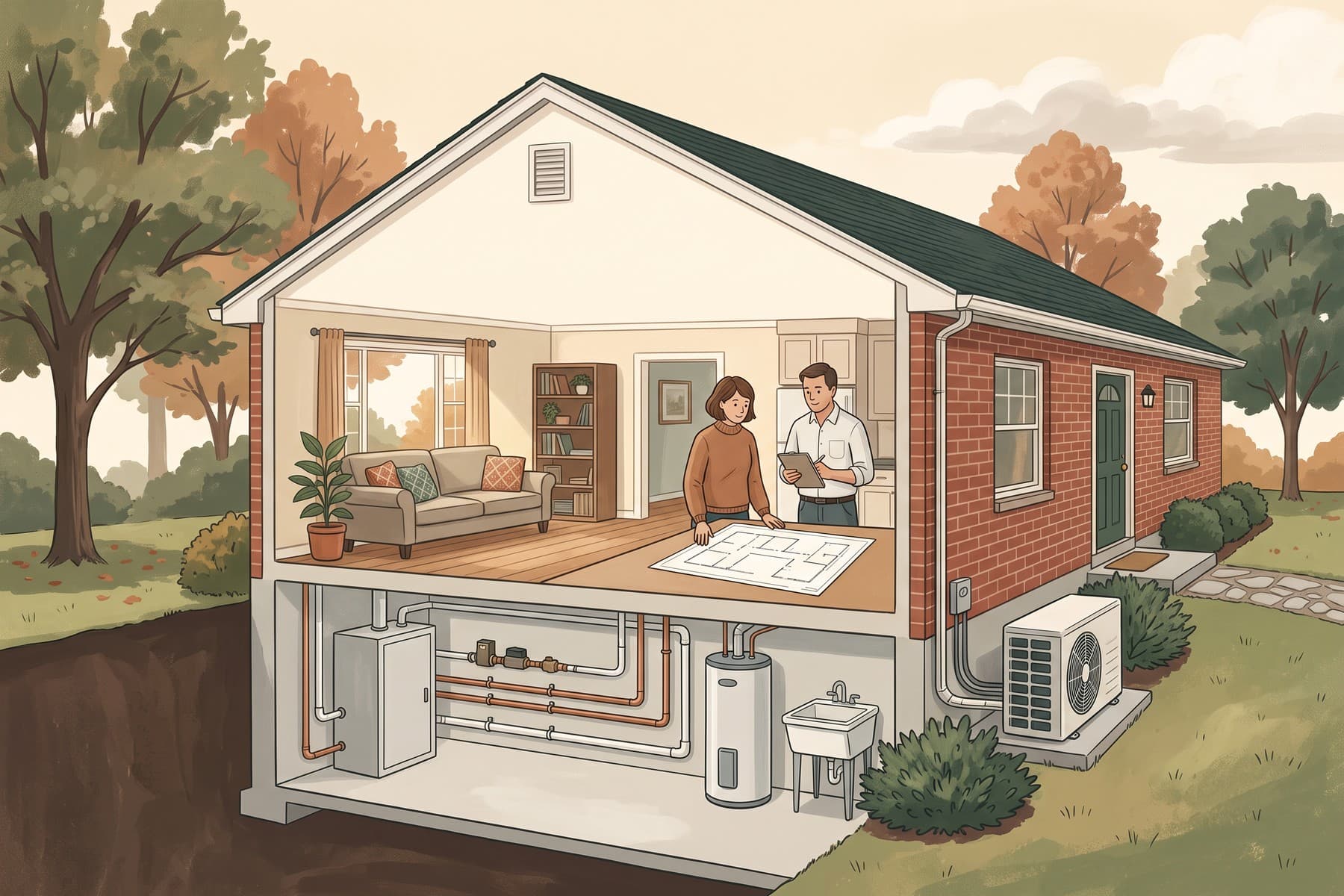 Illustration of a Pennsylvania home cutaway showing existing heating and a heat pump.