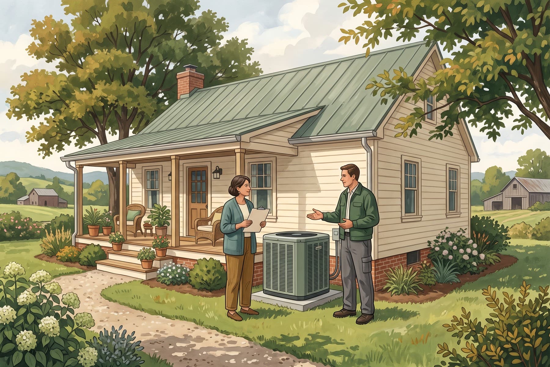 Illustration of a homeowner and HVAC professional planning an upgrade beside a Tennessee porch.