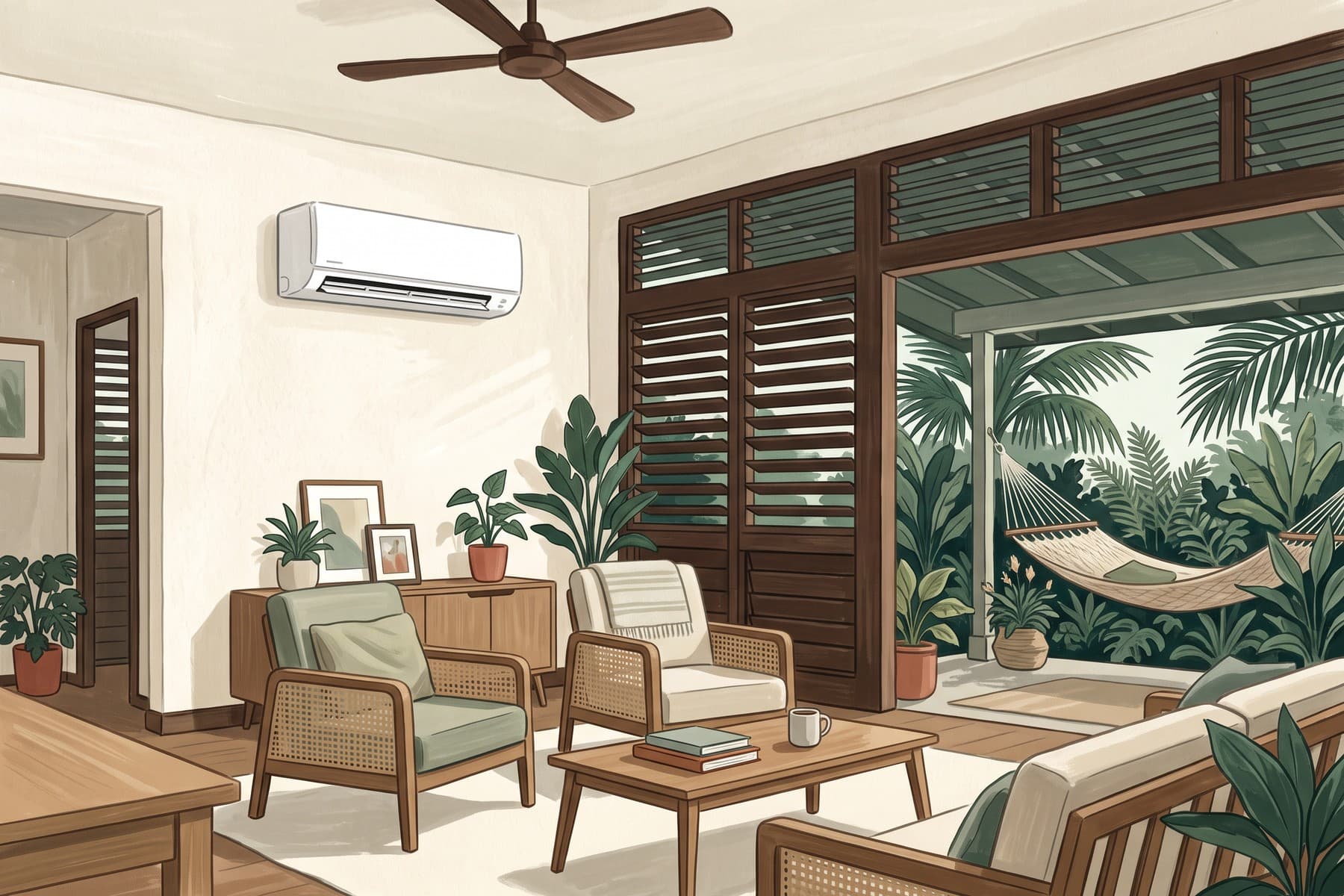 Illustration of a wall-mounted mini-split and ceiling fan serve a Hawaii sitting room opening onto a shaded lanai.