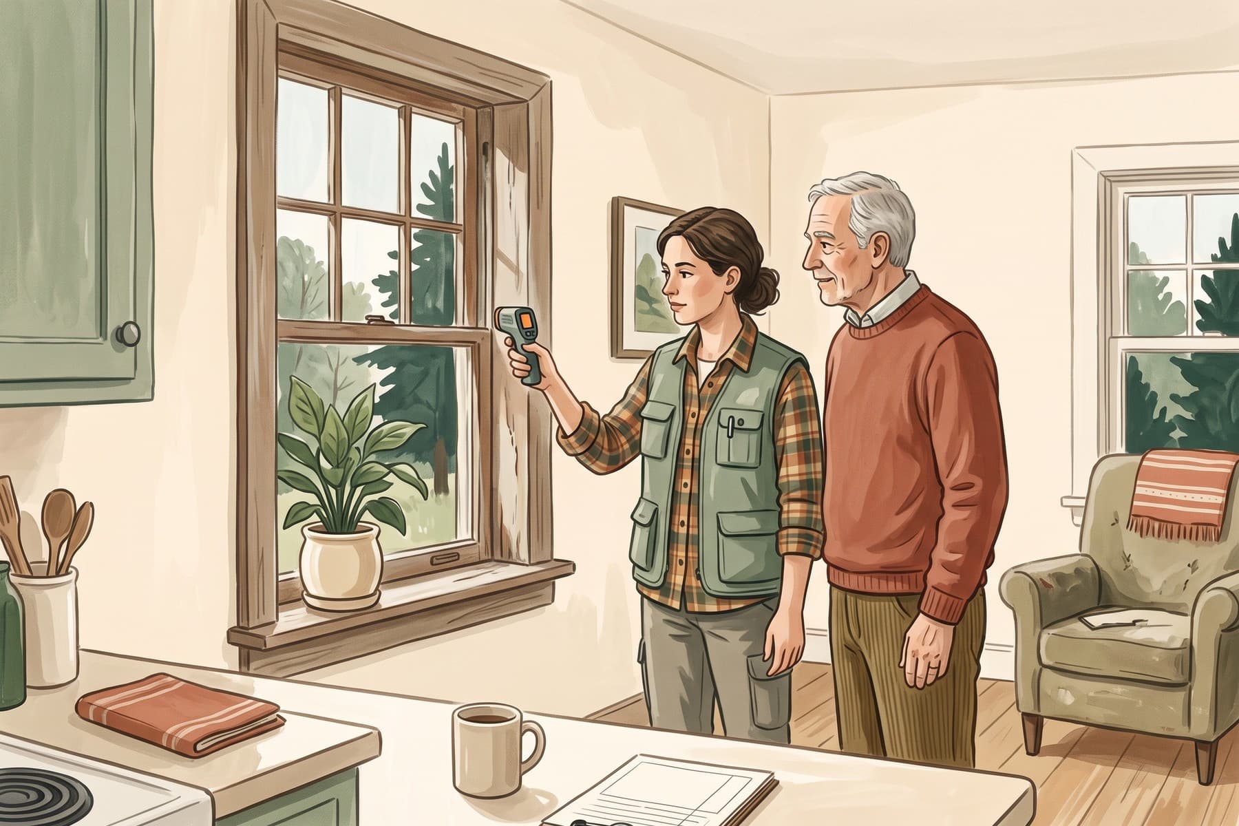 Illustration of an energy assessor checking a window while a homeowner observes.