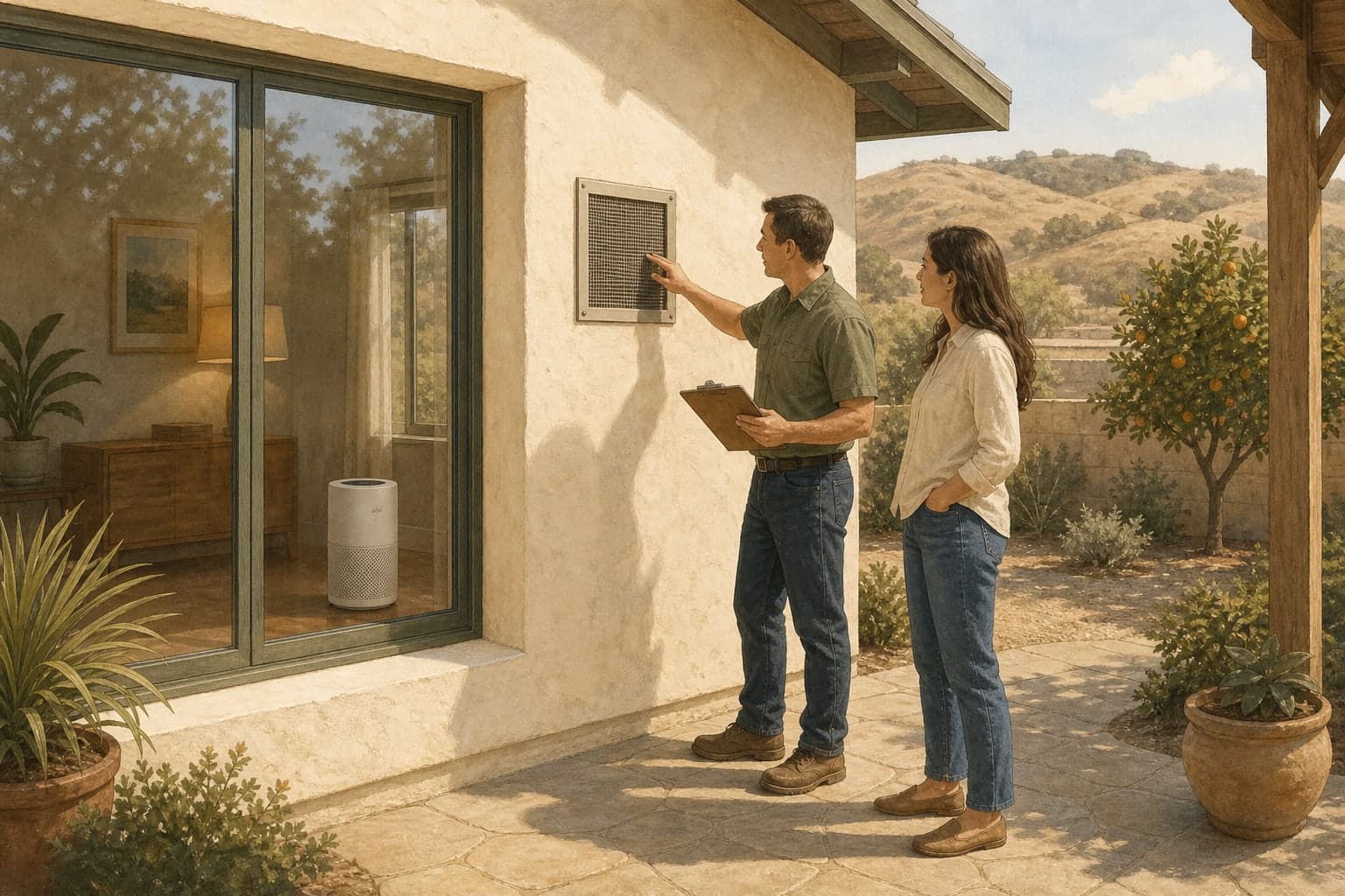 Illustration of a Riverside County homeowner and technician reviewing a closed ventilation intake beside a stucco home.