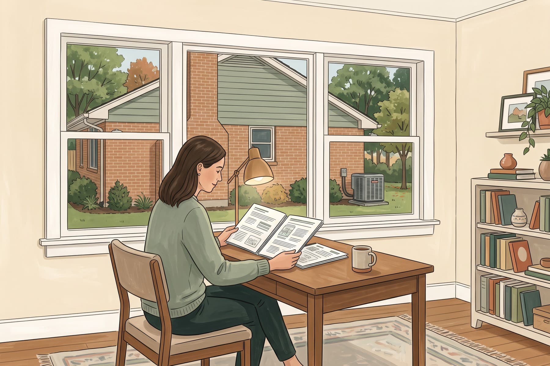 Illustration of an Ohio homeowner reviews a heating proposal at a table with an outdoor unit visible through the window.