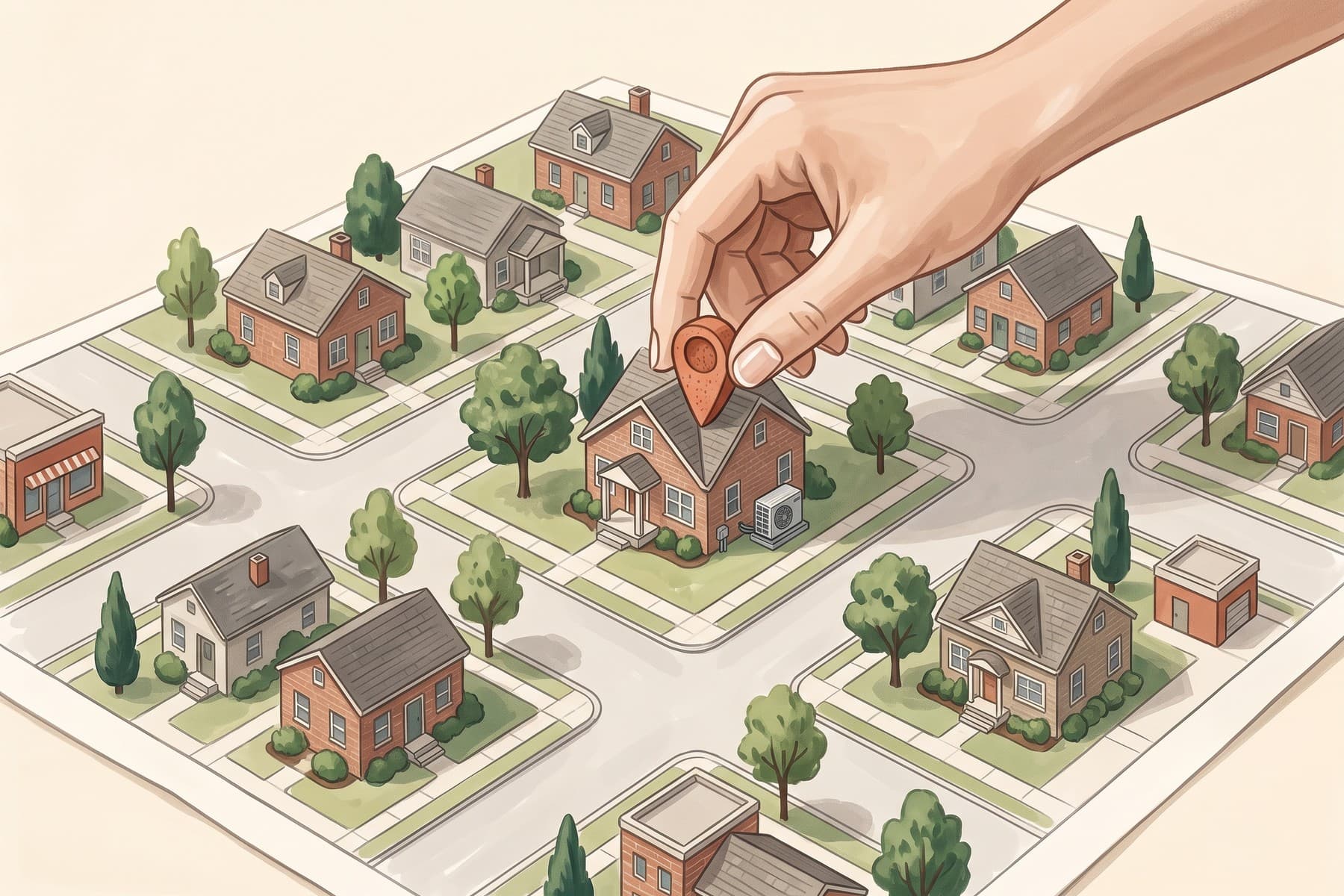 Illustration of a location marker on an unlabeled Michigan neighborhood plan.