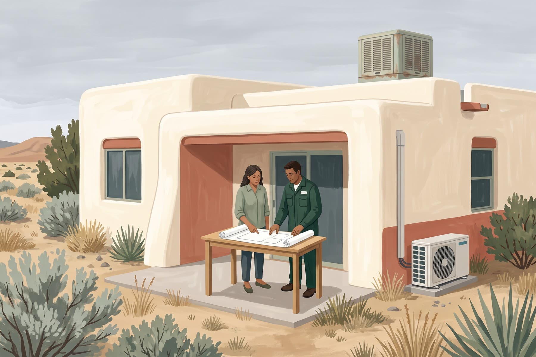 Illustration of a homeowner and installer reviewing a plan outside a New Mexico stucco home with rooftop evaporative cooling and an outdoor heat pump.