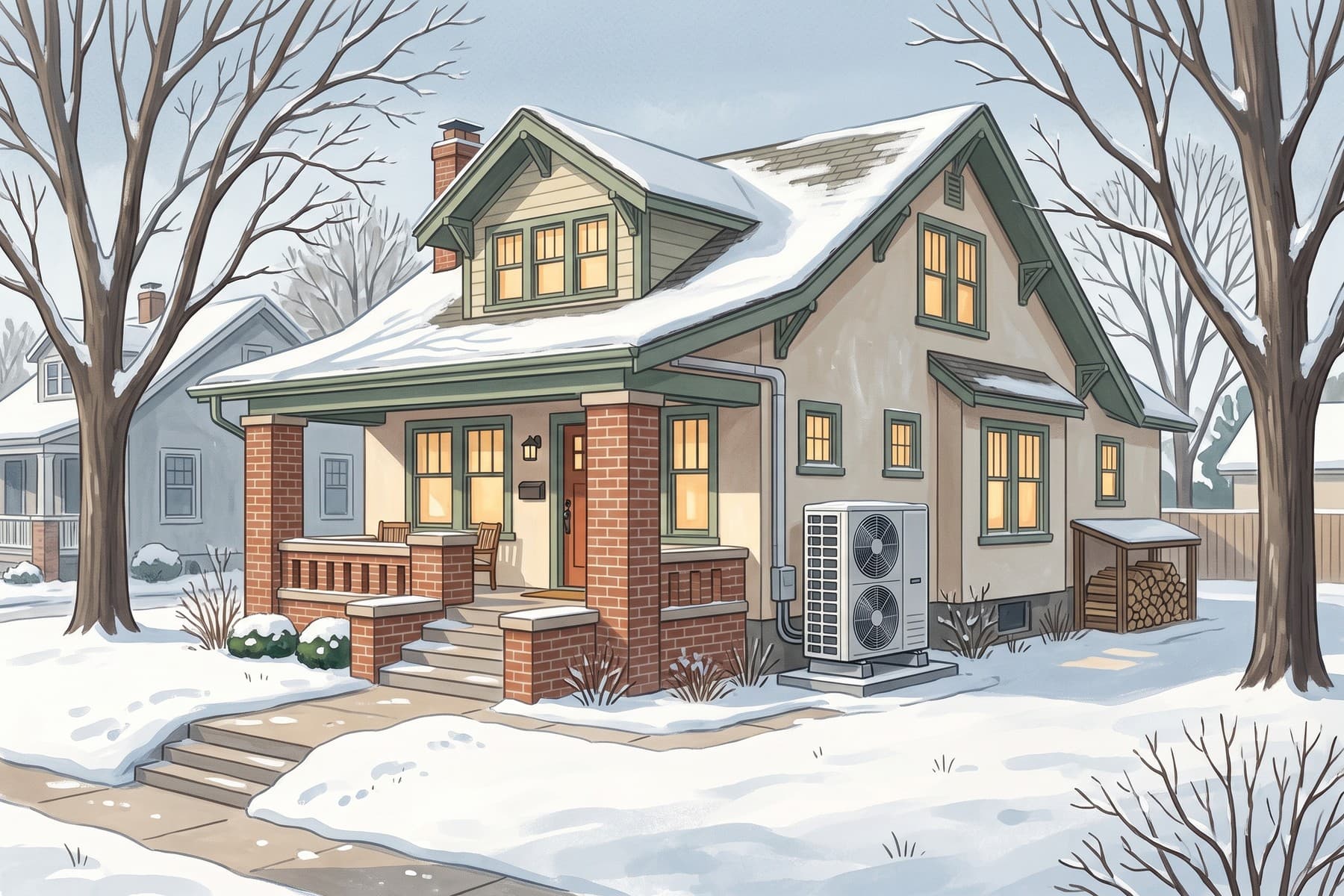 Illustration of a raised heat pump beside a Denver bungalow after light snowfall.
