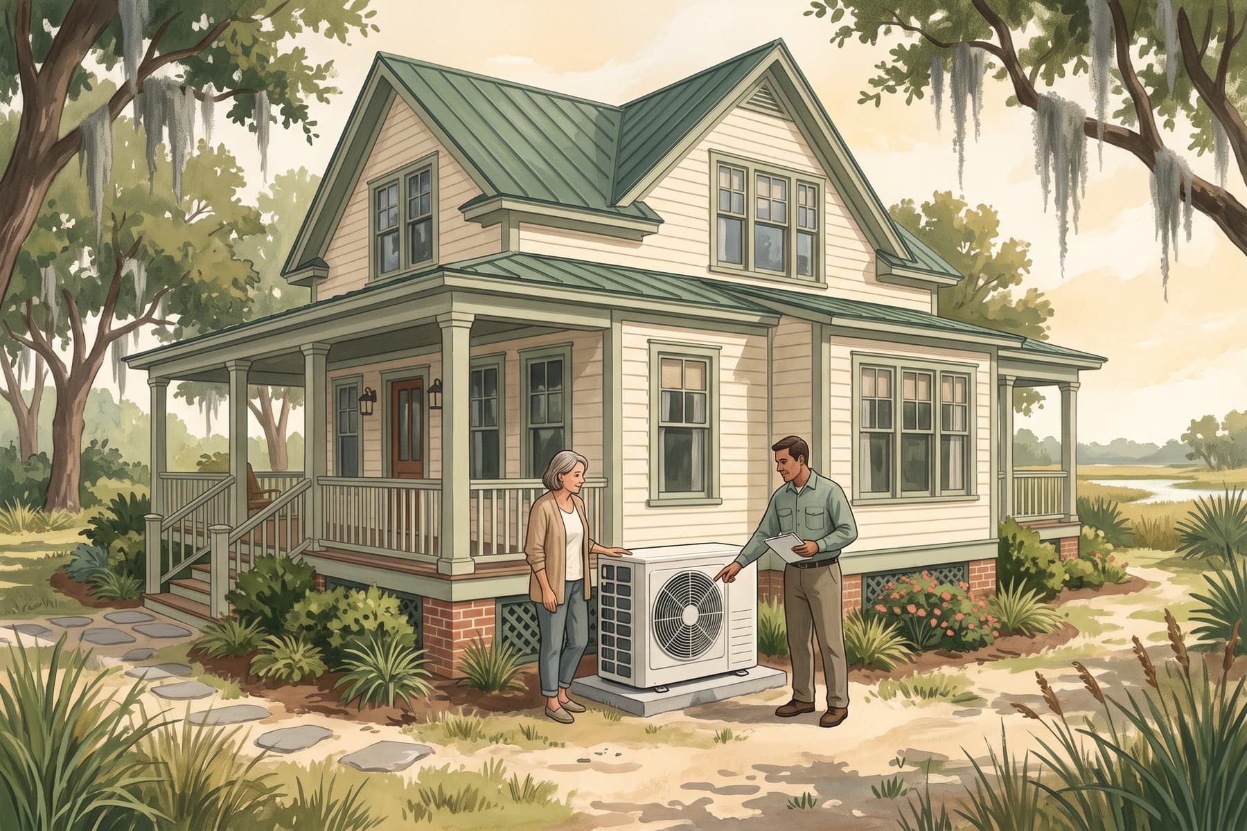 Illustration of a homeowner and technician discuss an outdoor heat pump beside a South Carolina coastal cottage.