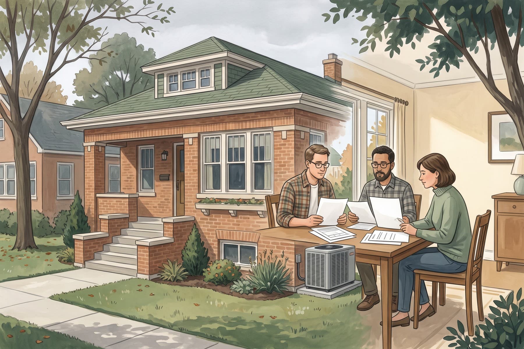 Illustration of homeowners and an adviser compare proposals in an illustrated cutaway of an Illinois brick bungalow.