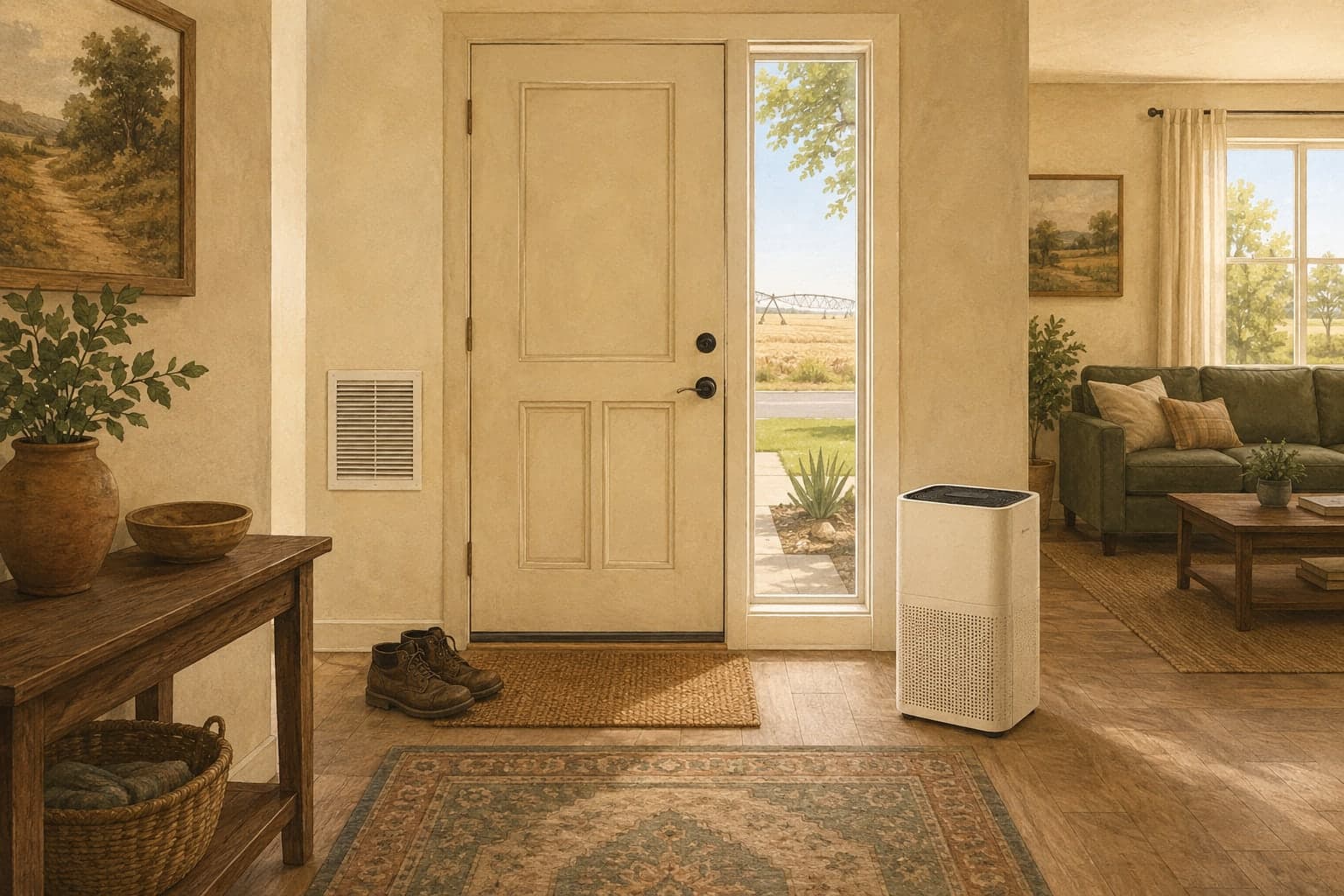 Illustration of a Fresno County entryway with a closed exterior door and a room purifier in the adjoining living space.